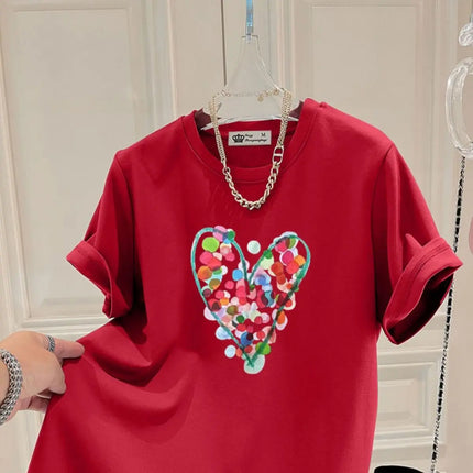 Summer Fashion Hand-Painted Polka Dot Printing T-shirts Women Pure Cotton O-neck Short Sleeve Top Tees Casual Loose Pullover