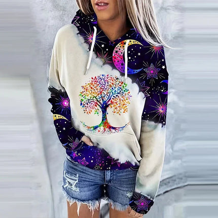 Moon Print Kangaroo Pocket Hoodie Casual Long Sleeve Drawstring Hoodies Sweatshirt Women's Clothing