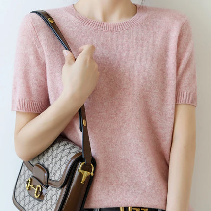 Summer New Women's Knitted Short Sleeve T-shirt Thin Wool Cashmere Short Sleeve Loose Fit Round Neck Top Outerwear Straight Cut