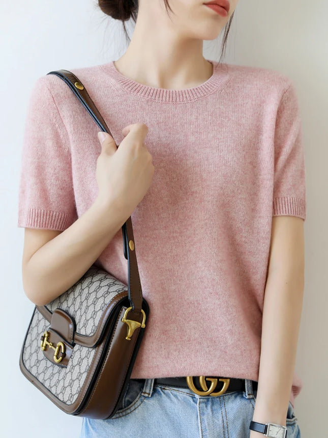 Summer New Women's Knitted ort Sve T-irt Thin Wool Camere f Sve Loose Fit round Ne Top Outerwear Straight Cut