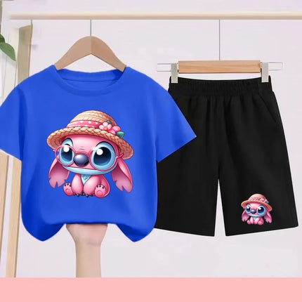 Disney Casual Children's Fashion Set T-shirt+ Shorts 2 Piece Stitch  Print  Boys Girls 3-12 Years Sports Coat Trend Party Sets