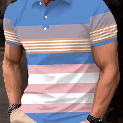 2026 Summer New Style Men's Short-Sleeved Polo Shirt with 3D Stripes Pattern Print - Street Casual Fashionable and Comfortable