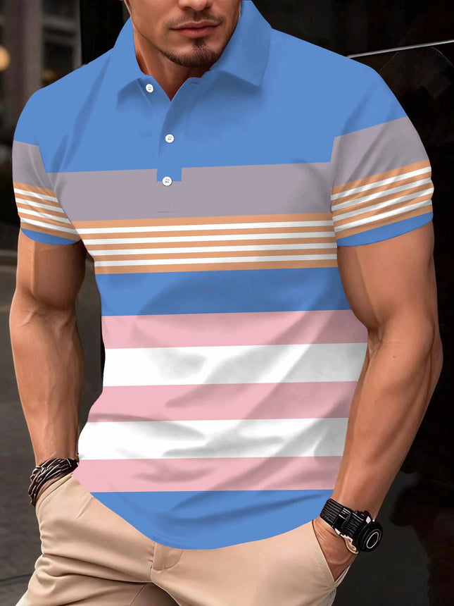 2026 Summer New Style Men's Short-Sleeved Polo Shirt with 3D Stripes Pattern Print - Street Casual Fashionable and Comfortable