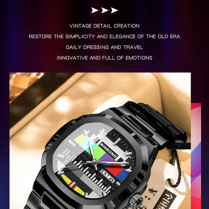 BINBOND Creative TV Dial Men's Watches New Fashion Original Retro Design Luminous Quartz Wristwatch For Men With Calendar Week