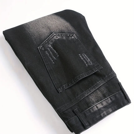 Men’s trendy streetwear: black ripped straight-leg jeans – an excellent gift for husbands or boyfriends.