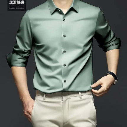 S-6XL Men's Long Sleeve Shirt Luxury Wrinkle Resistant Pure White Shirt Business Dress Casual Ice Silk Glossy Shirt