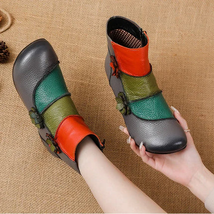 WOIZGIC Mother Women's Genuine Leather Boots Female Ankle Shoes Zipper Ethnic Style Autumn Plush Fur Warm Flower
