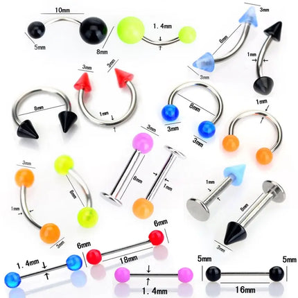 45/90pcs Mix Stainless Steel Nose Ear Belly Lip Tongue Ring Captive Bead Eyebrow Bar Piercings Body Jewelry Lot Bulk