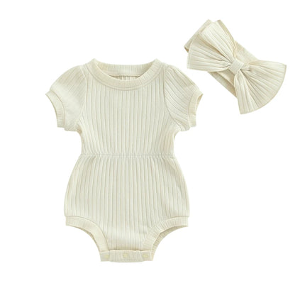Summer Infant Baby Girls Romper Cotton Baby Jumpsuit Solid Color Short Sleeve Playsuit with Bow Headband Toddler Clothes