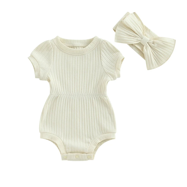 Summer Infant Baby Girls Romper Cotton Baby Jumpsuit Solid Color Short Sleeve Playsuit with Bow Headband Toddler Clothes