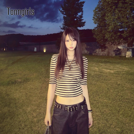 Tonngirls Y2k Fairycore Print T-Shirt Women Three Quarter Japanese 2000s Crop Tops Streetwear American Retro Grunge Tops Slim