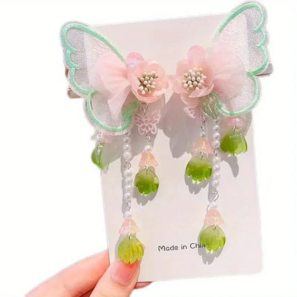 Ethereal Butterfly Hair Clip for Girls - Floating Wing Design with Floral Charm Danglers, Delicate Hair Pins Baby Accessories
