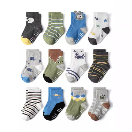 1/3/6/9/12 Pairs Kids Cotton Socks Sets for Baby Boys Non-slip Cute Cartoon Patterned Breathable Baby Trampoline Floor Socks