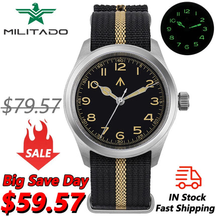 Militado ML08 38mm Quartz Watch VH31 Movement Double Domed Sapphire Crystal Wristwatch Super C3 Green Luminous Vintage Watches