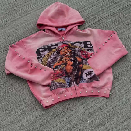 2026 new American street style casual fashion zipper hooded sweater printed pattern Pearl stereo pattern decoration unisex.