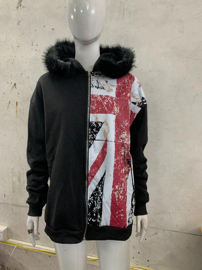 2025 Leather Collar National Flag Printed Zipper Sweatshirt Long Sleeve Pullover Hoodie Retro Jacket Street Y2K Popular Haircoat