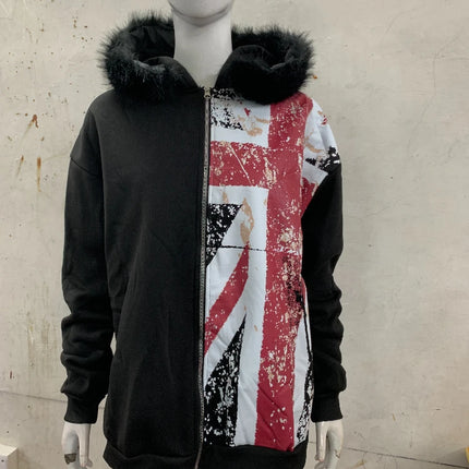 2025 Leather Collar National Flag Printed Zipper Sweatshirt Long Sleeve Pullover Hoodie Retro Jacket Street Y2K Popular Haircoat