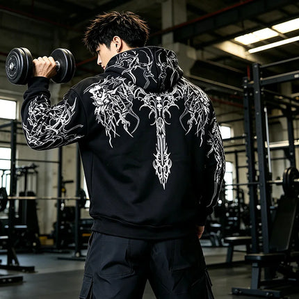 Gothic Skull Thorn Fleece Hoodie / Hoodie Polaire Crâne Gothique