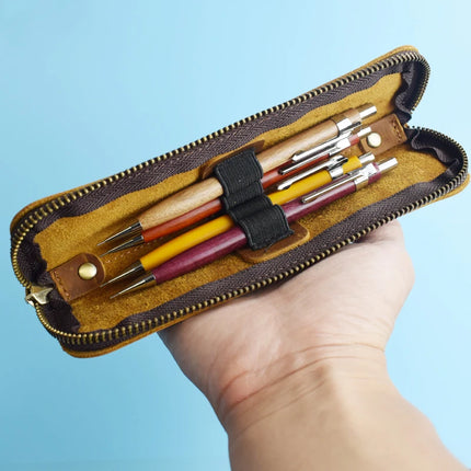 Nature Cowhide Pencil Case Zipper Pen Holder Organizer Protection Bag Handmade Genuine Leather Pencilcase Office School Supplies