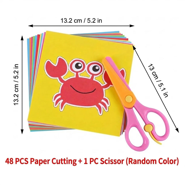 Child Safety Scissors Set, 48PCS Colored Paper, Suitable For Paper Art Products For Kindergarten Training And Preschool Children