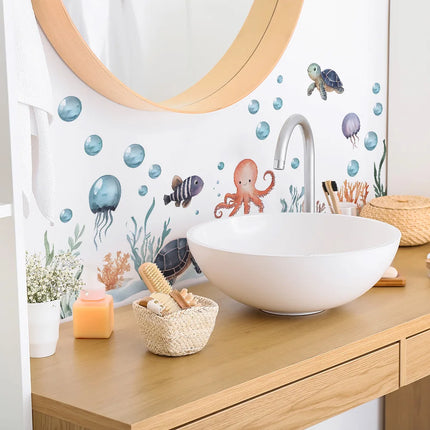 Watercolor Cartoon Ocean Fish Animal Wall Sticker Living Room Bedroom Sea Life Beach Landscape Wall Decal Home Decor