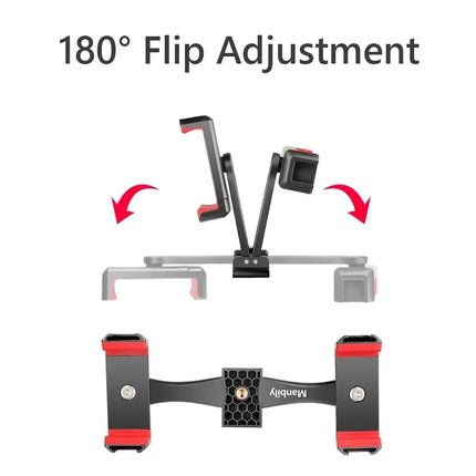 360° Rotatable Dual Cell Phone Holder Clip Clamp 4 Cold Shoe, 1/4'' Screw Tripod Monopod Selfie Stick Vlog Live Streaming Video