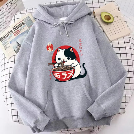 Japanese Style Cat Eat Ramen Hoodie Manga Cat Children's Sweatshirt Cute Hoody Casual Hoodies Spring Unisex Clothes