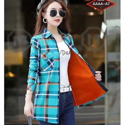 Thickened Fleece Women's Long Sleeve Shirt Warm Slim Fit Midi Length Plaid Korean Style Fashionable Women's Button-up Top