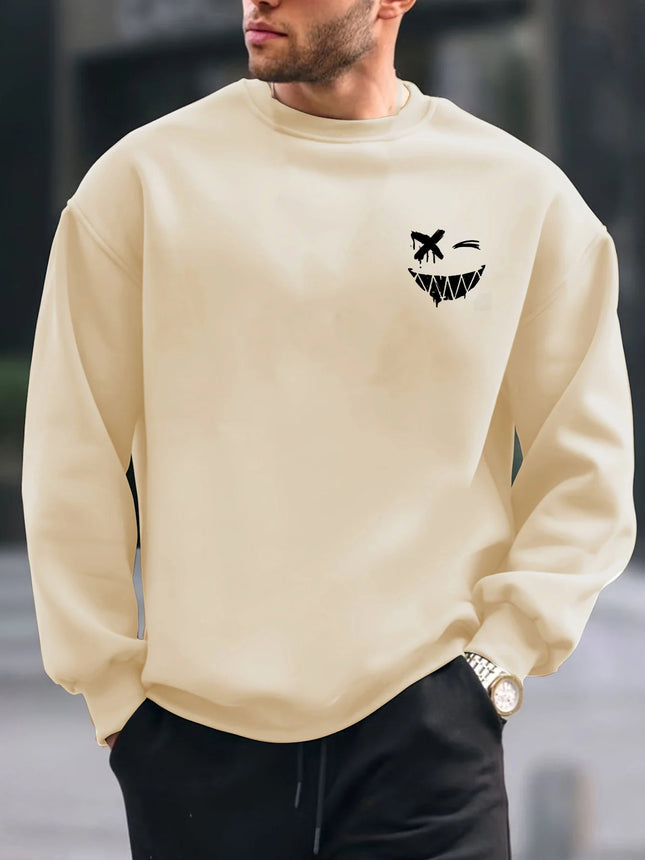 Men's autumn and winter fashionable casual loose smiling face graphic printed long sleeved round neck sweatshirt