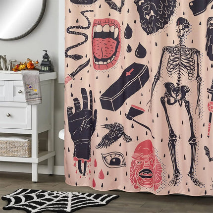 Y2K Vintage Halloween Shower Curtain Set Blush, Heavy Duty Waffle Fabric, Creepy Gothic Skeleton Skulls Bats Fun Cute