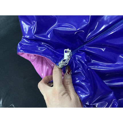 Lockable Cosplay Two Side Zip Long Sleeve Bodysuit Turtleneck Wetlook PVC Leather Bondage Bag Sleeping Body Suit Party Costume