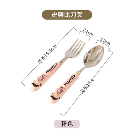 Genuine 2Pcs Cute Cartoon Snoopy Stainless Steel Spoon Ceramic Handle Spoon Fork Children's Tableware
