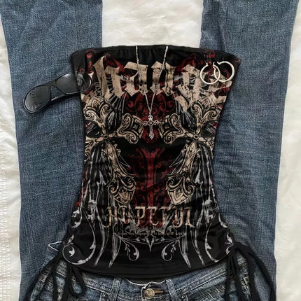 cropped top  ，Women's summer fashion vacation slim fit retro printed tank top