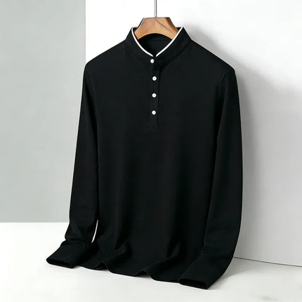 Fashion Men's Contrast Trim Mandarin Collar Polo Shirt Long Sleeve Breathable Casual Daily Wear Top