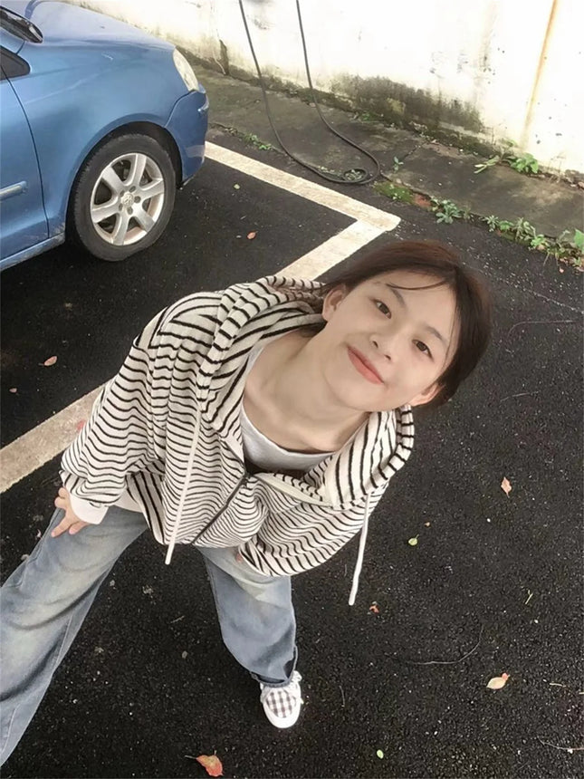 Deeptown Vintage Striped Hoodies Oversized Women Harajuku Hippie Zip Up Sweatshirts Korean Fashion Casual Cardigan Streetwear