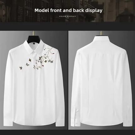 Elegant Chinese Style Embroidered Long Sleeve Men's Casual Shirt Autumn Iron Free Slim Fit Fashionable Top Men's Dress Shirt