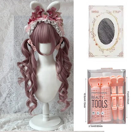 Black Wig with Pink Cosplay Wigs with Bangs  Lolita Long Curly Hair Wig Woman Party Cosplay Wig Natural Heat Resistant