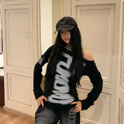 Tonngirls American Retro Print T-shirt Women Long Sleece Button Graphic Tops Y2k Tops 2000s Japanese Grunge Tops E-girls Autumn