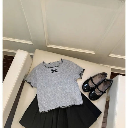 Girls' 1-12Y Korean-Style Knitted Lace-Trimmed Short-Sleeve Summer Ruched Tops: Trendy, Breathable, Bow Tie, Versatile Tee