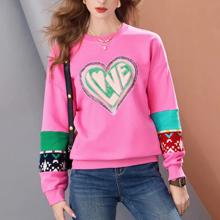Women’s Pink Knit Patchwork Sweatshirt LOVE Graphic Pullover Casual Straight Fit Color Block Winter Warm Knitted Sleeve Top