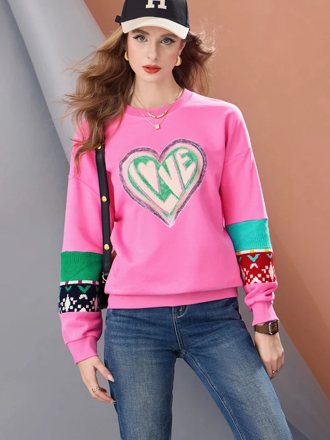 Women’s Pink Knit Patchwork Sweatshirt LOVE Graphic Pullover Casual Straight Fit Color Block Winter Warm Knitted Sleeve Top