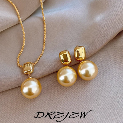 DREJEW Yellow Pendant Pearl Necklace Earring Set for Women Light Luxury High-end French Retro Wedding Jewelry Sets Party Gift