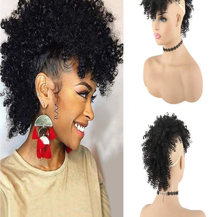 Afro High Puff Hair Bun Ponytail Drawstring With Bangs Synthetic Jerry Curly Mohawk Kinkys Curly Fauxhawks Pony Tail Clip in on