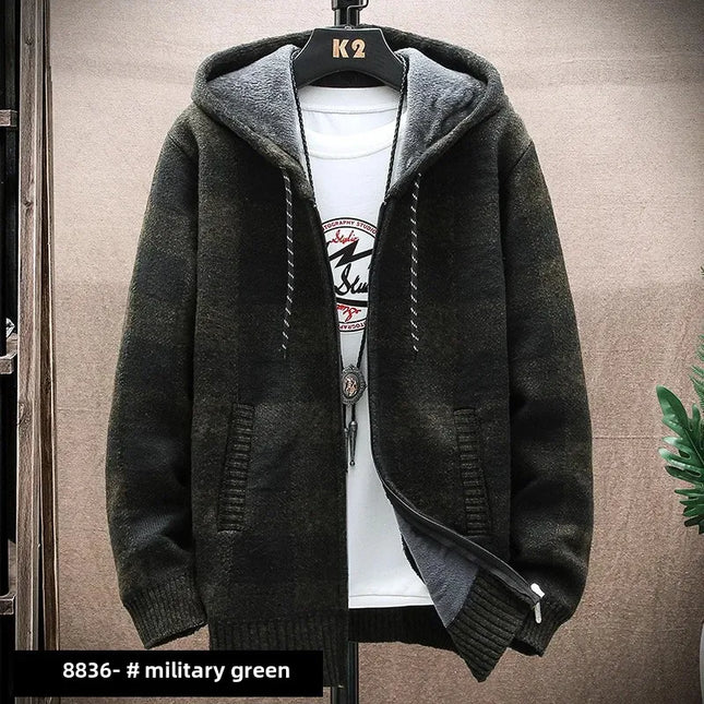 2023 Autumn/winter Fleece-lined Trendy Color Block Versatile Hooded Men's Cardigan Youth Outerwear Knitted Top For Men