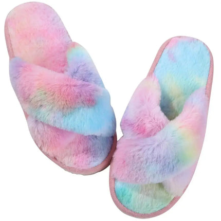 Evshine Women Fuzzy Slippers Fashion Cross Band Memory Foam House Slippers Indoor Outdoor Open Toe Plush Slides Casual Flat Shoe