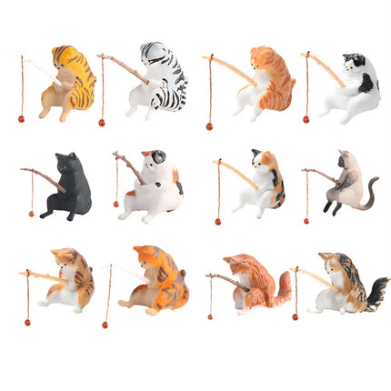 Cute Fishing Cat Fishbowl Fishing Figure Fisherman Figurine Cat Fishing Rod Seals Figures Cat Decoration Interior Accessories