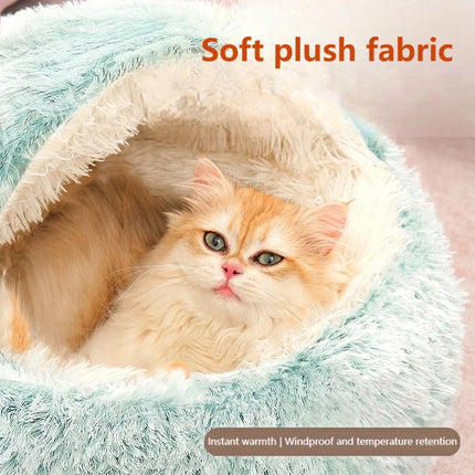 Semi-Enclosed Shell Pet Bed, Winter Warm Plush Cat Nest Soft Long Plush Cat Cushion Four Seasons Universal Kennel for Small Dogs