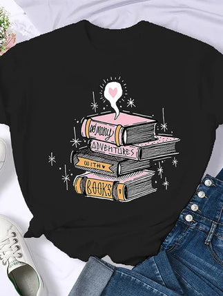 Coffee Books Brown books American retro T-shirt woman round neck half sleeve T-shirt printed T-shirt top woman oversized