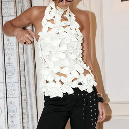 Women Hollow Out 3D Floral Velvet Halter Top Mock Neck Sleeveless Backless Tank Top Sexy Going Out Party Tops Vest