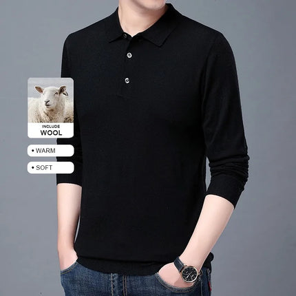 High End With Wool New Fashion Designer Brand Luxury Polo Shirt Striped Neck Shirt Men Casual Long Sleeve Tops Men Clothes